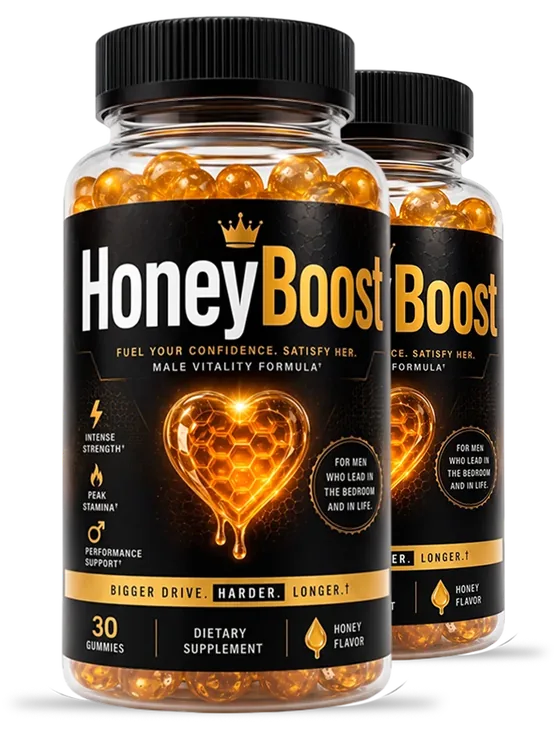 2 HoneyBoost gummy bottles with the black and gold label