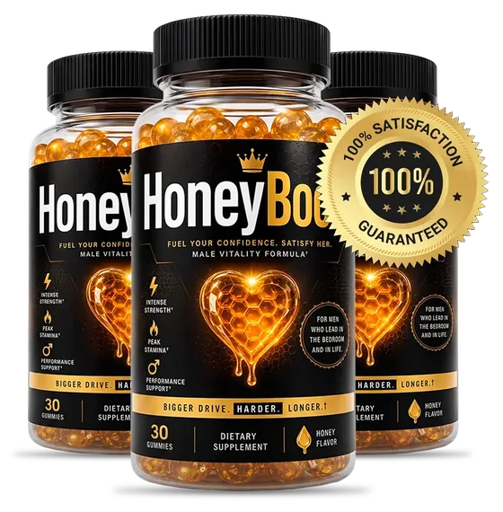 Three HoneyBoost gummy bottles with black and gold labels and a seller's guarantee seal