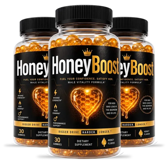 3 HoneyBoost gummy bottles with the black and gold label
