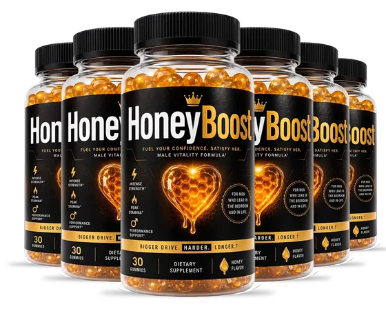 6 HoneyBoost gummy bottles with the black and gold label