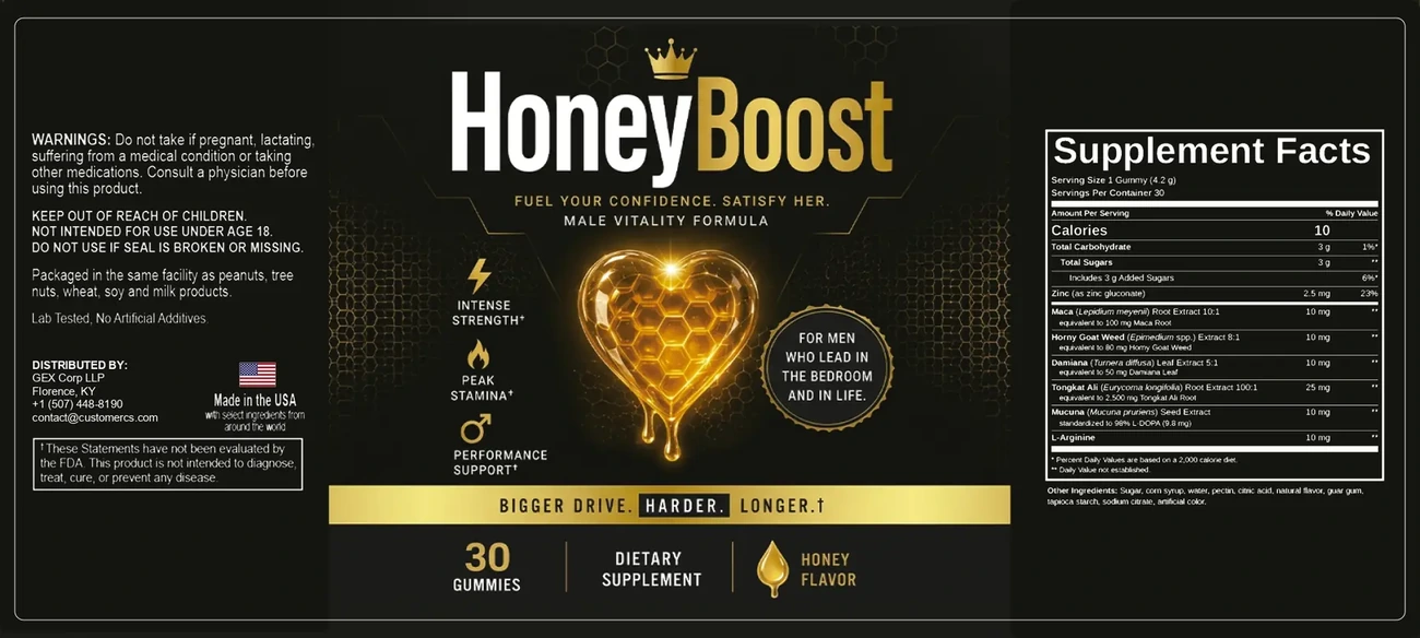 The flat HoneyBoost label: warnings, facility line, lab-tested line, distributor and FDA box on the left; the crown, HoneyBoost name, claims and honeycomb heart in the middle; Supplement Facts on the right